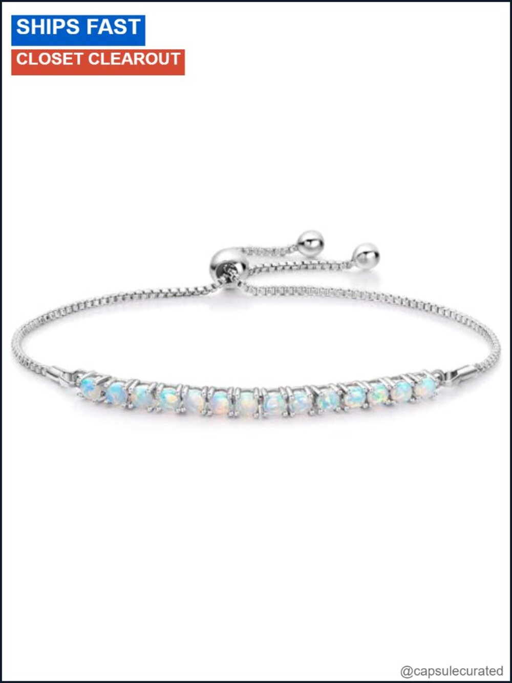 18k White Gold Opal Bracelet Adjustable Link Charm Fashion Jewelry Gift for Her